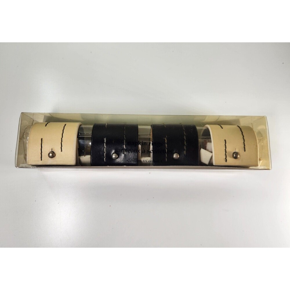 Pier 1 Imports Leather Stitched Napkin Rings Set of 4 Black Cream Discontinued